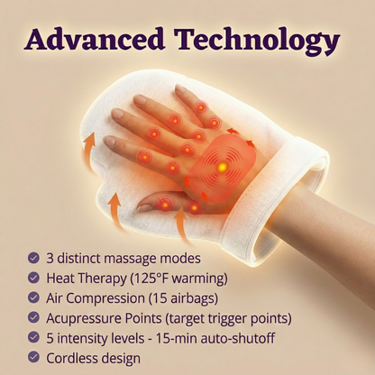 Glove with massage points and text detailing advanced technology features on a beige background