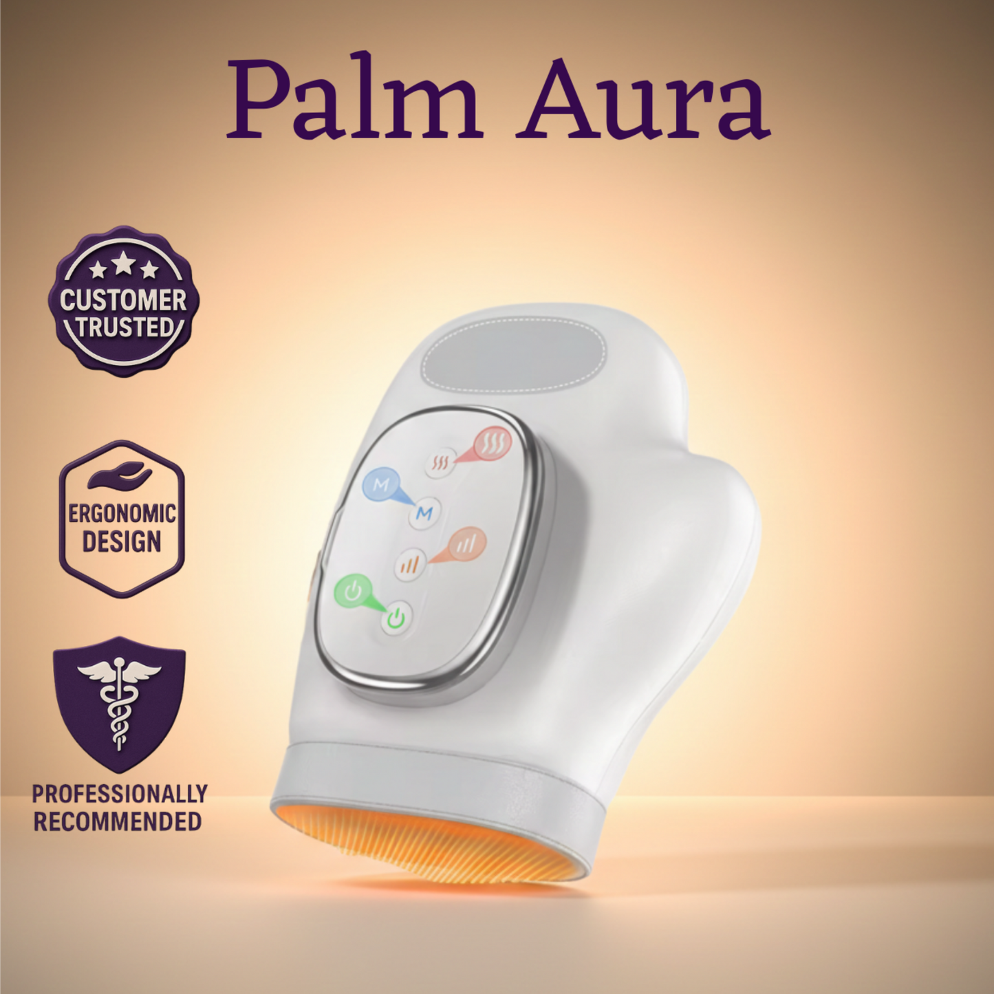 Palm Aura device with badges on a beige background