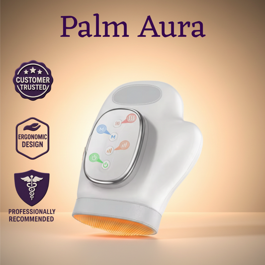 Palm Aura device with badges on a beige background