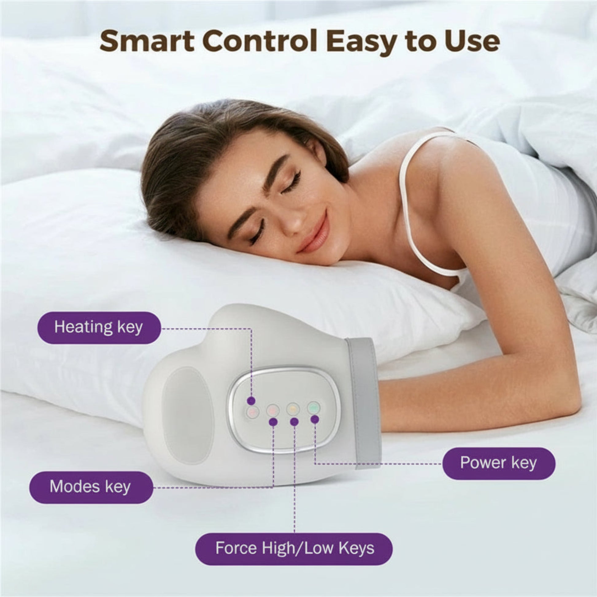 Woman lying in bed with a heating pad labeled for keys on a white background