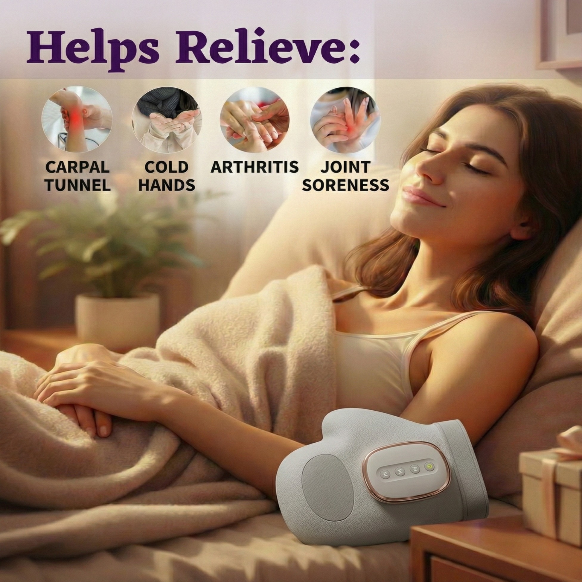 Woman lying in bed with a heating pad on her hand,