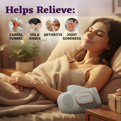 Woman lying in bed with a heating pad on her hand,